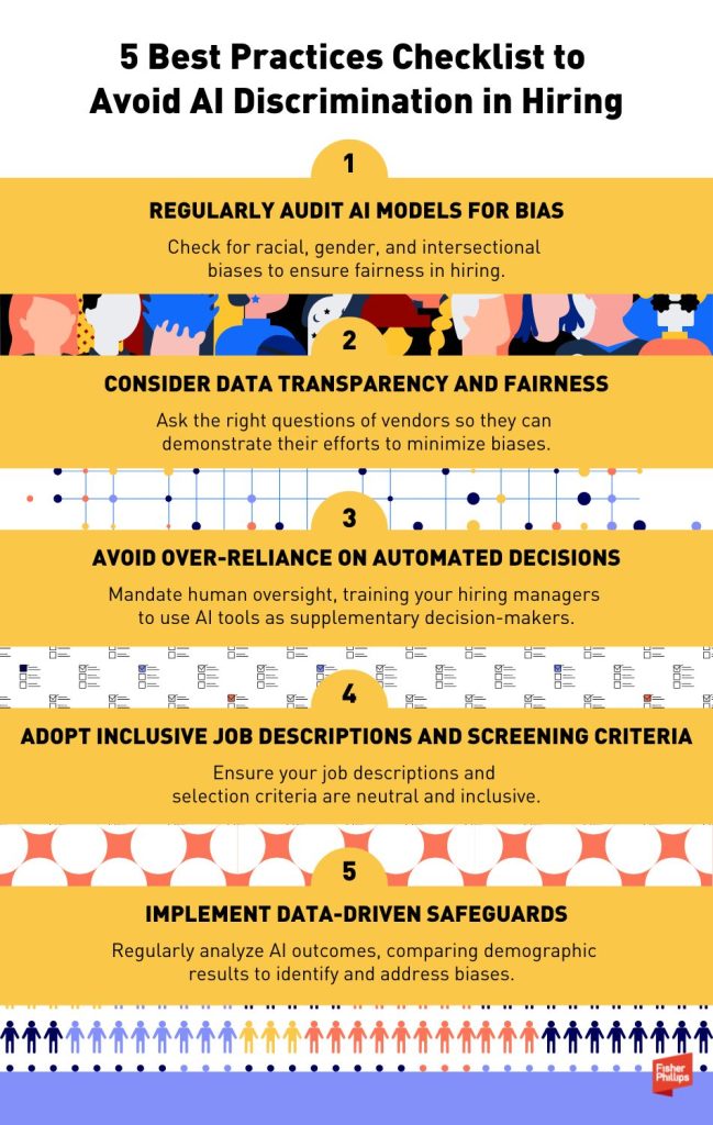 Infograph showing 5 best practices checklist to avoid AI discrimination in hiring.